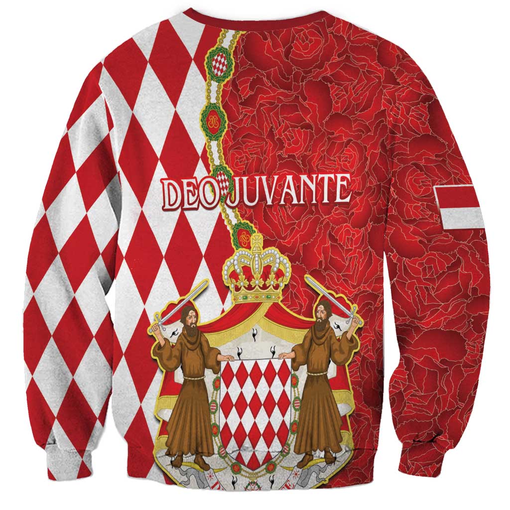 Red and white diamond sweatshirt with Monaco crest, crown, guards, and crew neck