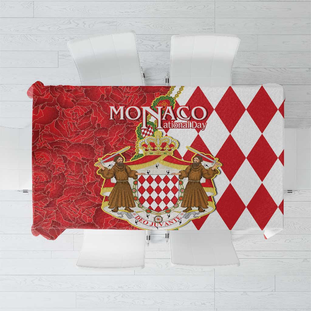 Monaco National Day Tablecloth Coat Of Arms Mix Red Carnation Pattern - Wonder Print Shop