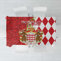 Red and white tablecloth with Monaco crest and diamond pattern