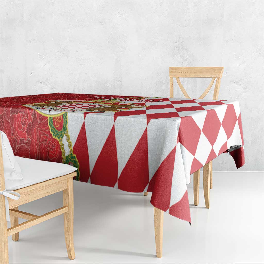 Red, white, and cream tablecloth featuring bold diamond stripes on sides