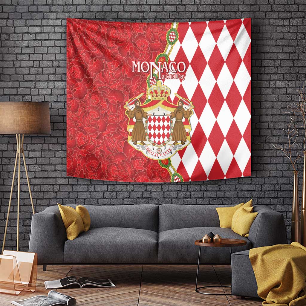 Monaco National Day Tapestry Coat Of Arms Mix Red Carnation Pattern