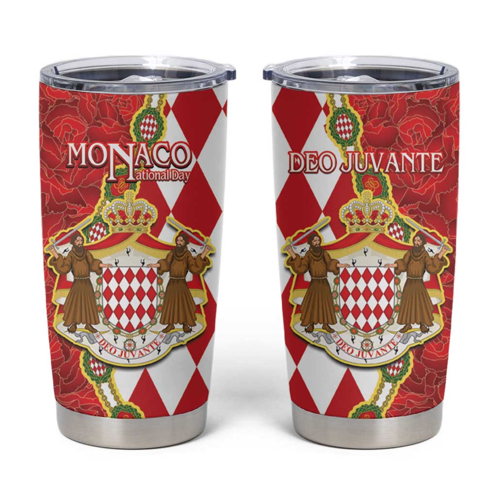 Monaco National Day Tumbler Cup Coat Of Arms Mix Red Carnation Pattern - Wonder Print Shop