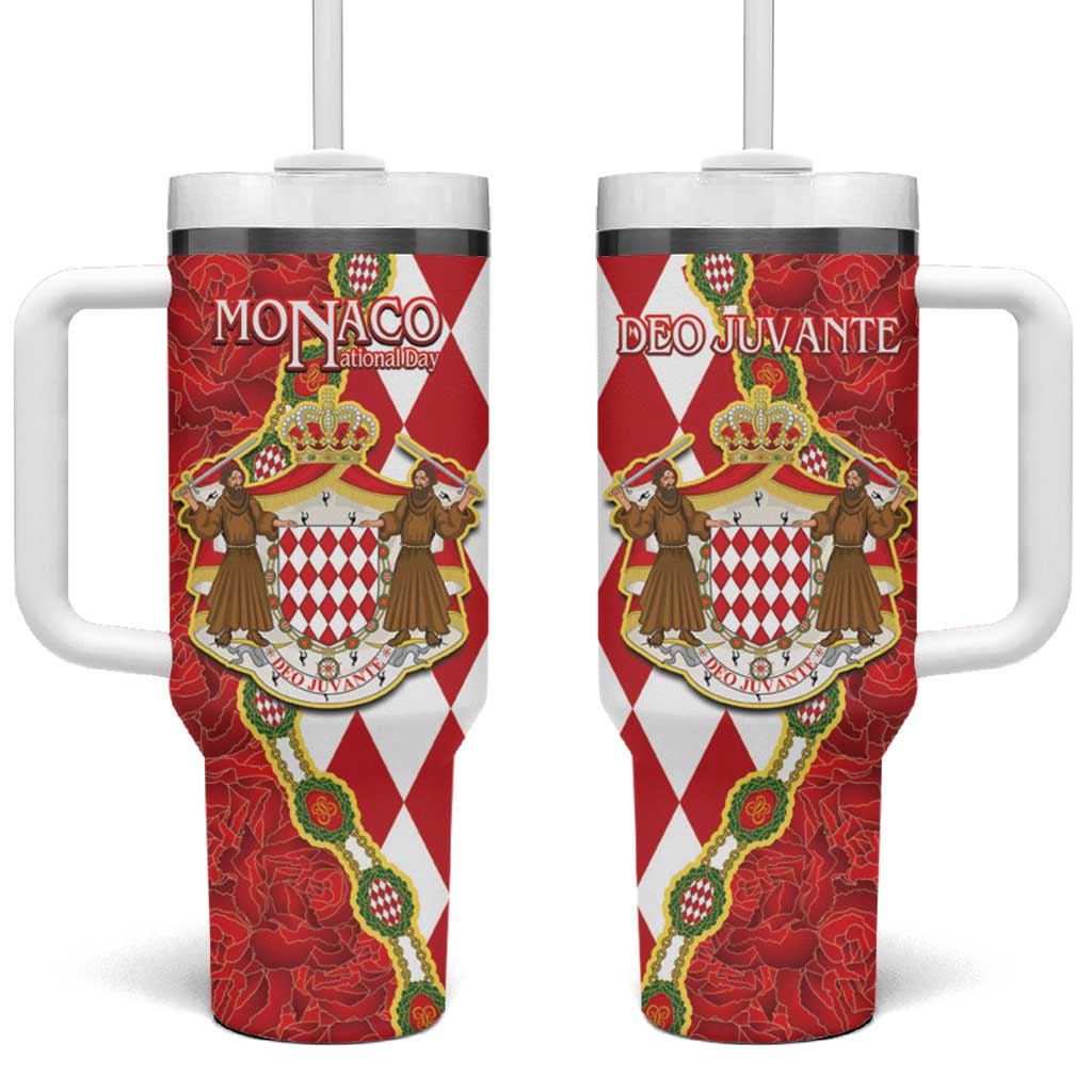 Monaco National Day Tumbler With Handle Coat Of Arms Mix Red Carnation Pattern - Wonder Print Shop