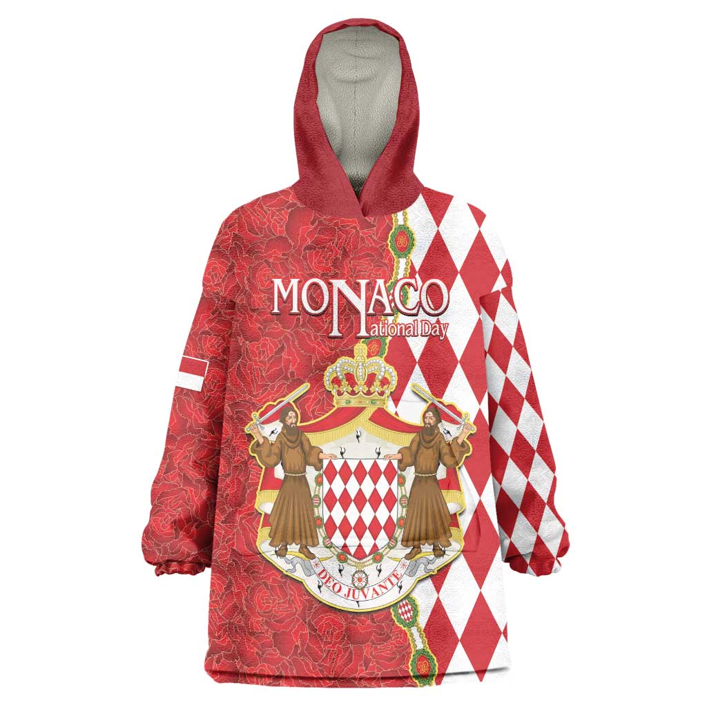 Monaco National Day Wearable Blanket Hoodie Coat Of Arms Mix Red Carnation Pattern - Wonder Print Shop