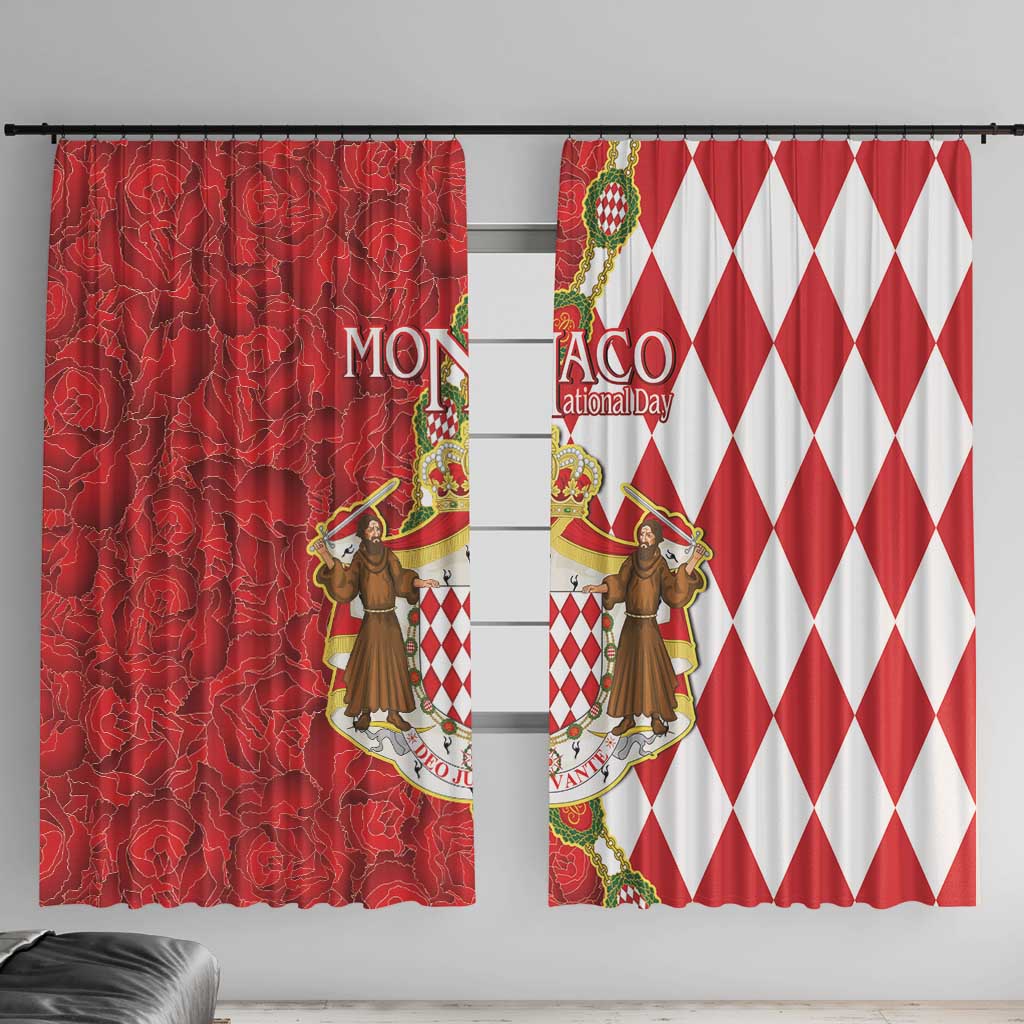 Monaco National Day Window Curtain Coat Of Arms Mix Red Carnation Pattern - Wonder Print Shop