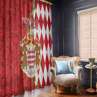 Red and white window curtain with coat-of-arms crest and side panel border design