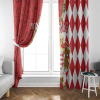 Red window curtain with coat-of-arms scene and red-and-white diamond patterned panel