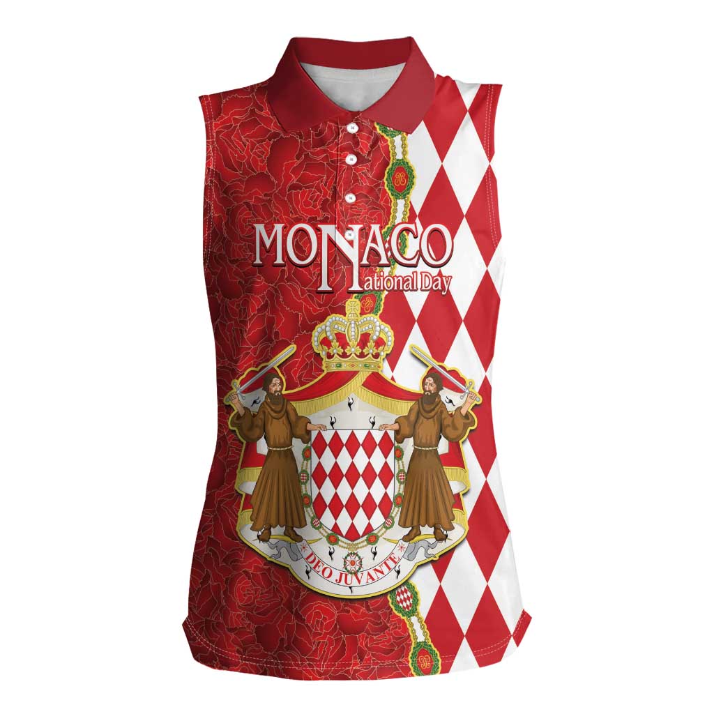 Monaco National Day Women Sleeveless Polo Shirt Coat Of Arms Mix Red Carnation Pattern - Wonder Print Shop