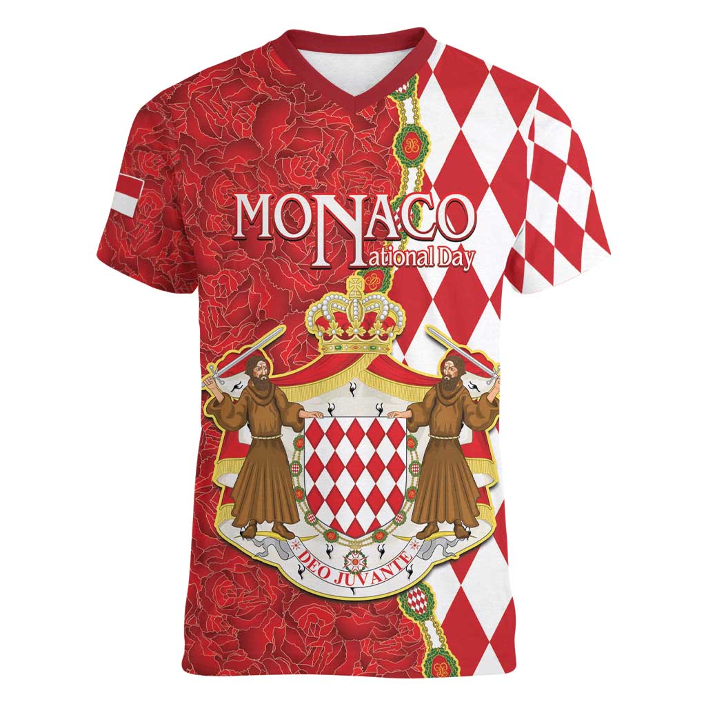 Monaco National Day Women V-Neck T-Shirt Coat Of Arms Mix Red Carnation Pattern - Wonder Print Shop