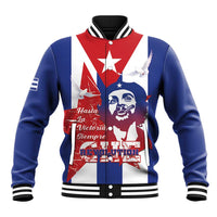 Blue baseball jacket with varsity collar, red/white/blue panel and Che graphic front
