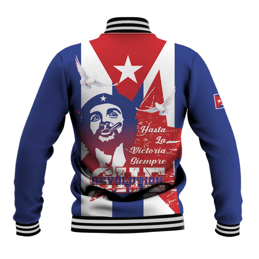 Blue varsity baseball jacket with striped rib collar and large Che Guevara graphic