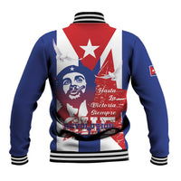 Blue varsity baseball jacket with striped rib collar and large Che Guevara graphic