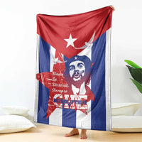Red, blue and white Cuban-themed blanket with star, dove, portrait and 'Hasta la Victoria' 