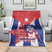 Cuban-themed throw blanket with red and blue panels, star, dove and revolutionary portrait
