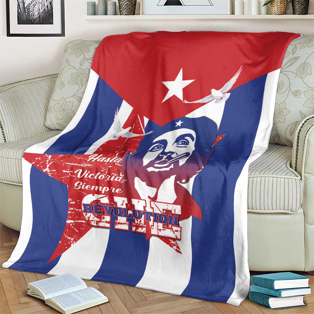 Red, blue and white Cuban-themed graphic blanket with star, dove and portrait