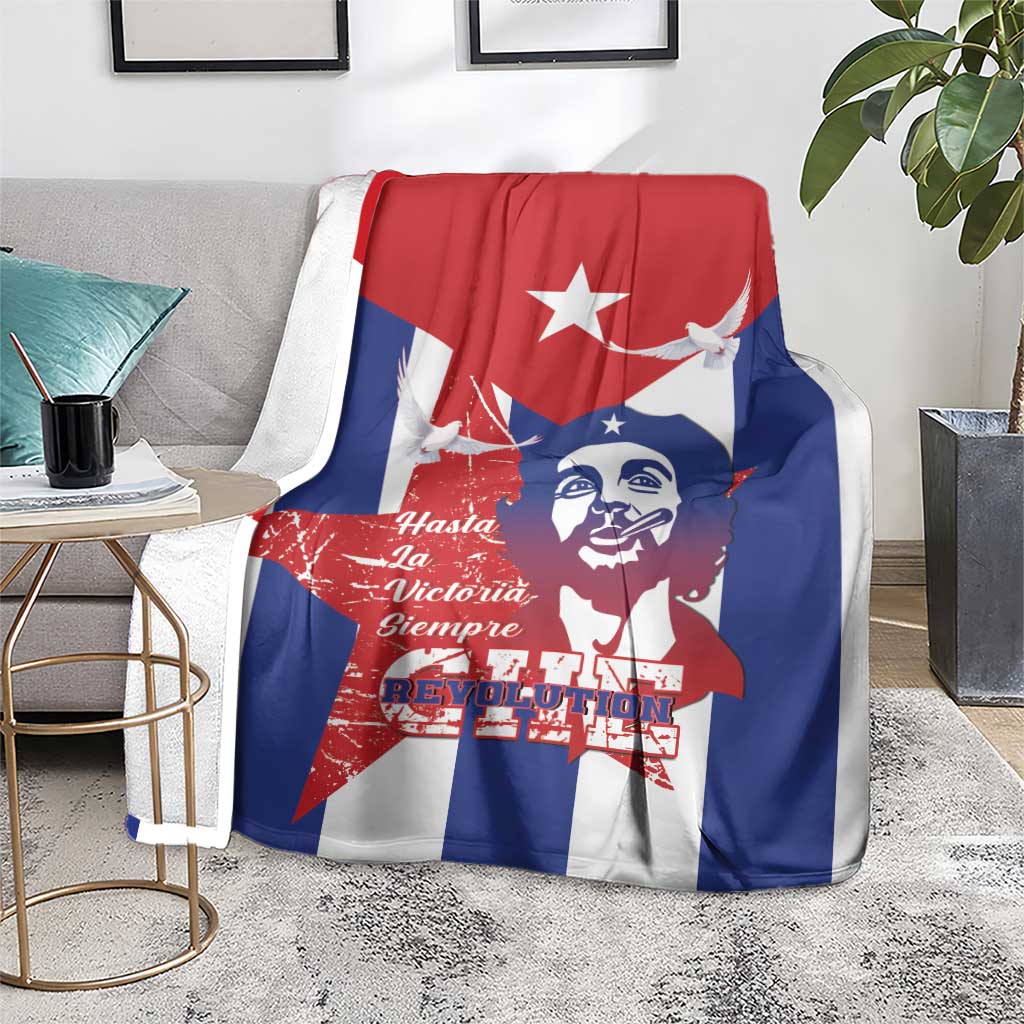 Cuban-themed blanket featuring star, dove, revolutionary portrait and bold text