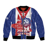 Unisex blue bomber jacket with front zipper and Che portrait graphic, red white striped panel