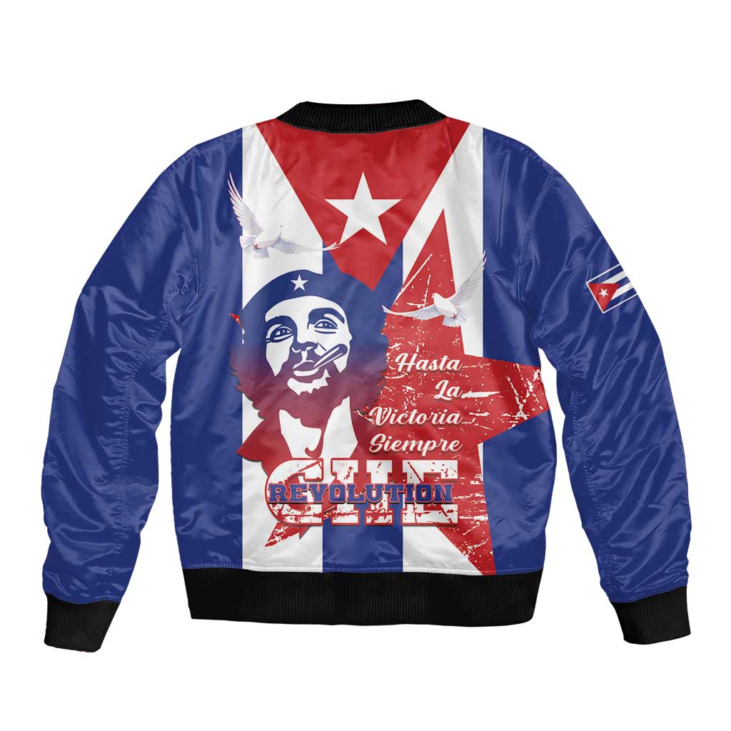 Unisex blue bomber jacket with front graphic, red white star and Che portrait panel