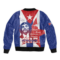Unisex blue bomber jacket with front graphic, red white star and Che portrait panel
