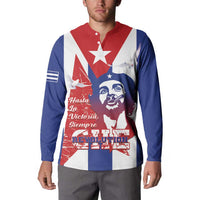 Button sweatshirt worn by model, red-white-blue graphic with Che portrait and stars