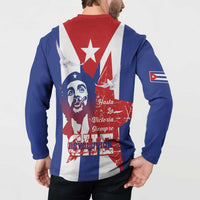 Button sweatshirt back worn by model, red-white-blue stripe graphic with Che portrait