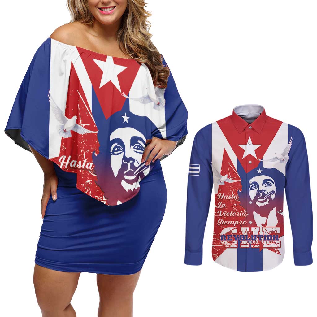 Cuba Liberation Day Couples Matching Off Shoulder Short Dress and Long Sleeve Button Shirt Che Guevara Revolution - Wonder Print Shop