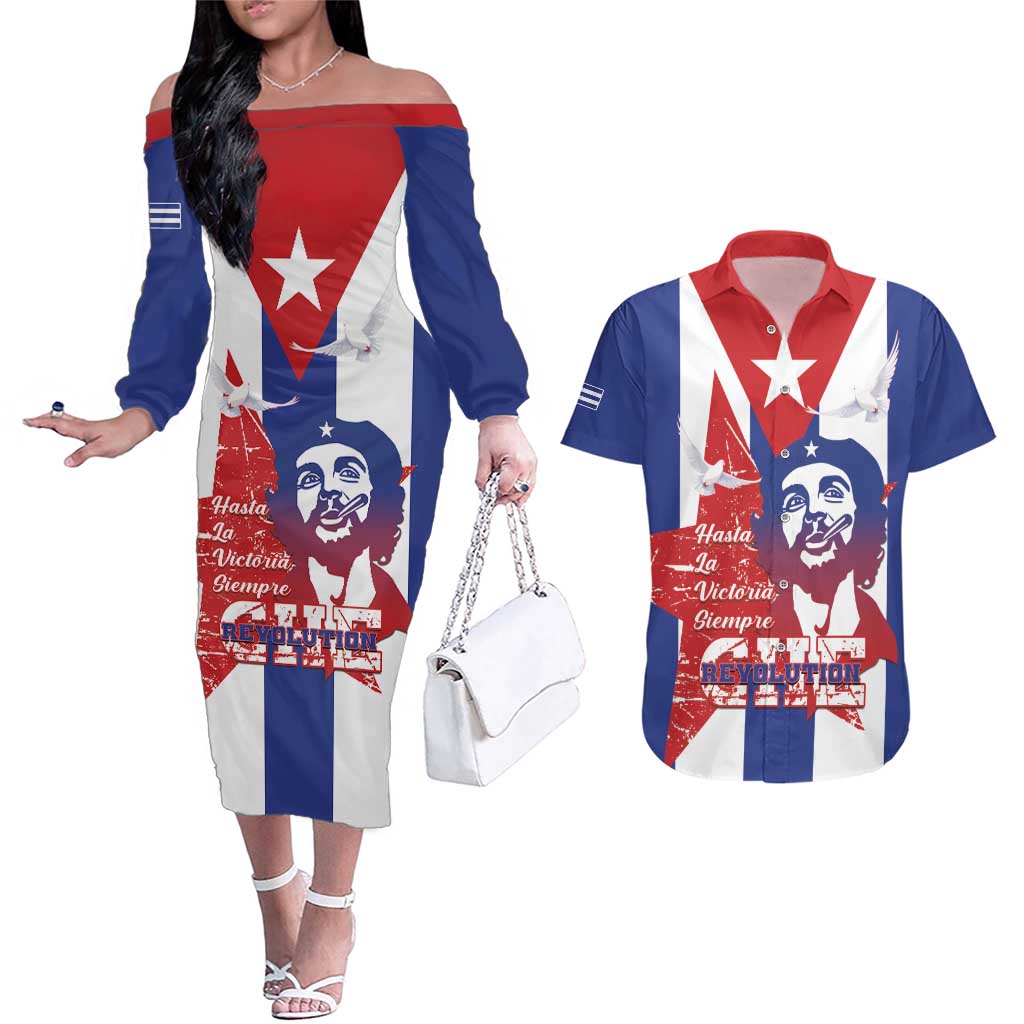 Cuba Liberation Day Couples Matching Off The Shoulder Long Sleeve Dress and Hawaiian Shirt Che Guevara Revolution - Wonder Print Shop