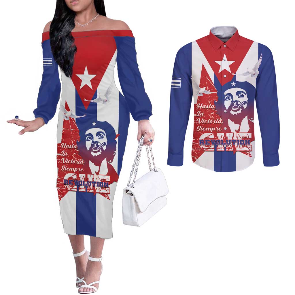 Cuba Liberation Day Couples Matching Off The Shoulder Long Sleeve Dress and Long Sleeve Button Shirt Che Guevara Revolution