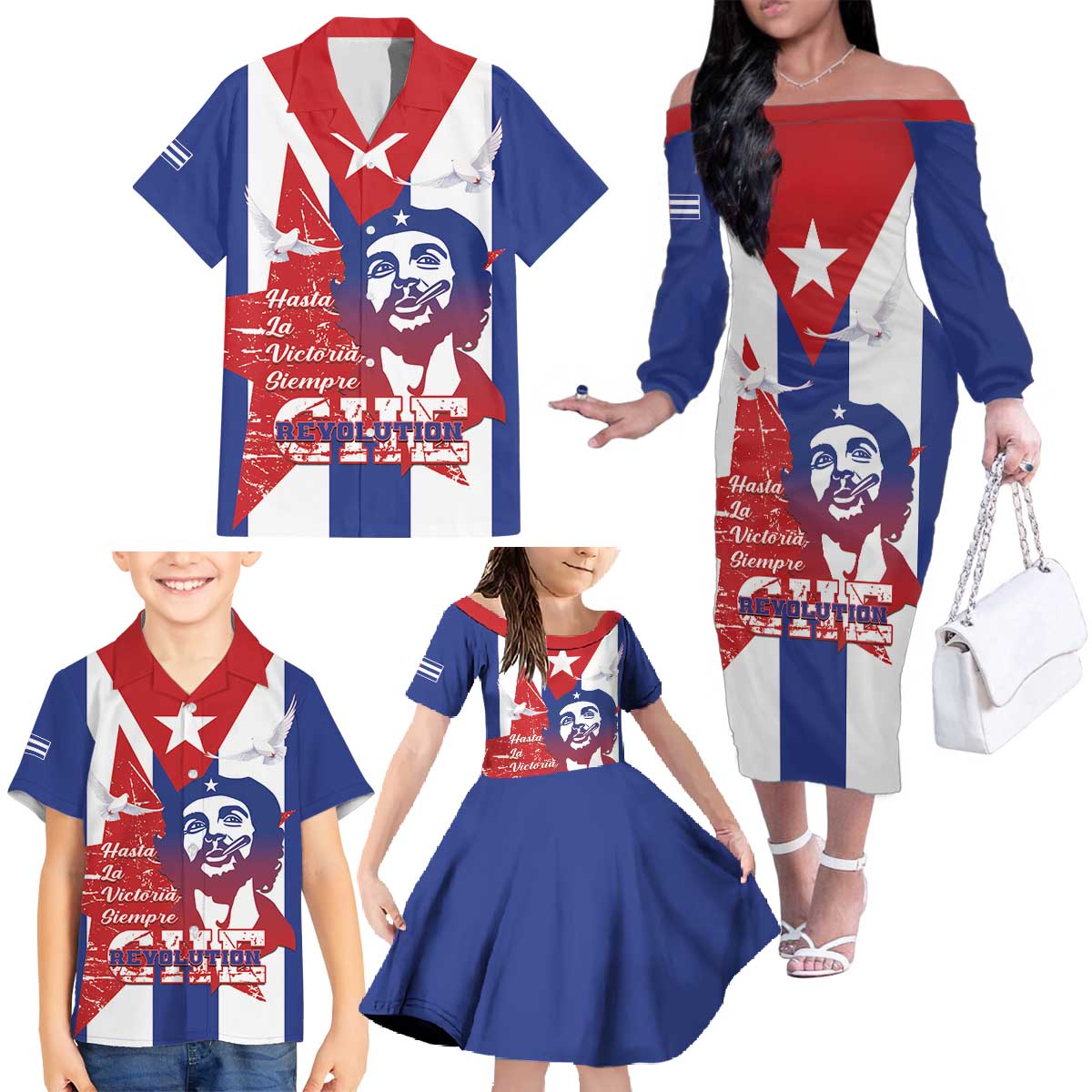 Cuba Liberation Day Family Matching Off The Shoulder Long Sleeve Dress and Hawaiian Shirt Che Guevara Revolution - Wonder Print Shop