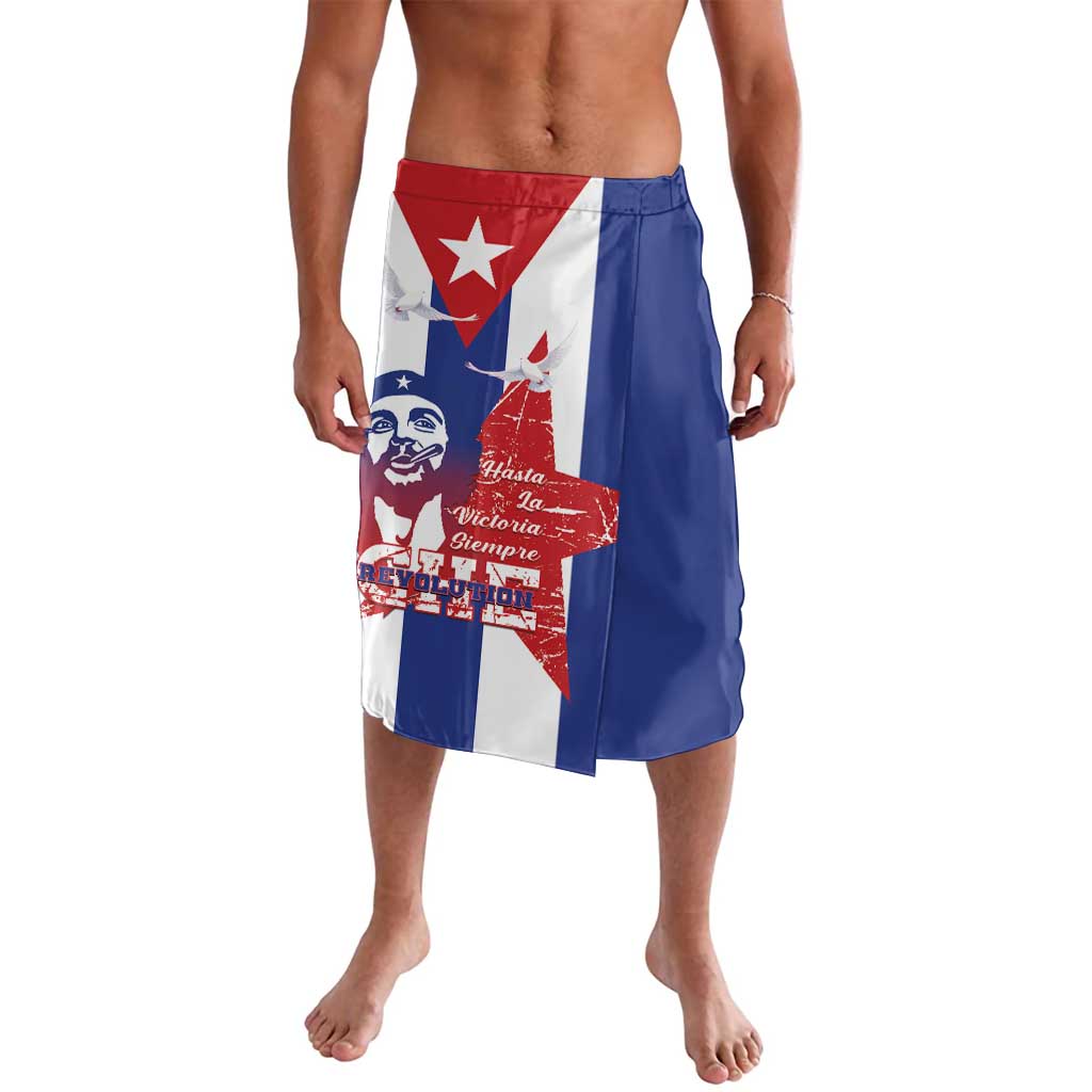 Blue printed lavalava shorts with red-white flag and portrait graphic, side slit