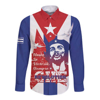 Long sleeve button shirt, blue and red with white Che poster graphic, front view