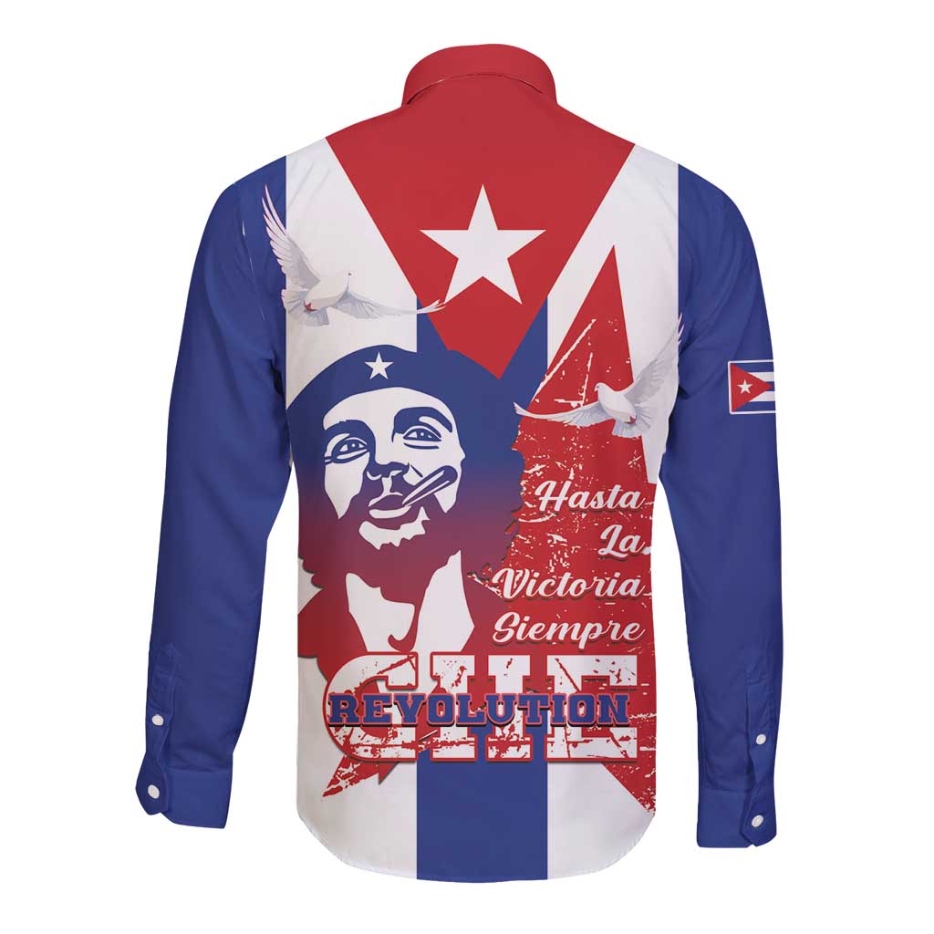 Long sleeve button shirt, blue and red with white patriotic Che graphic, back view