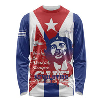 Unisex long sleeve shirt with red/white/blue Che-style face graphic, star, striped sleeves