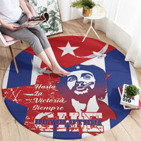 Round carpet with Cuba flag red/blue design showing Che Guevara portrait, dove and text