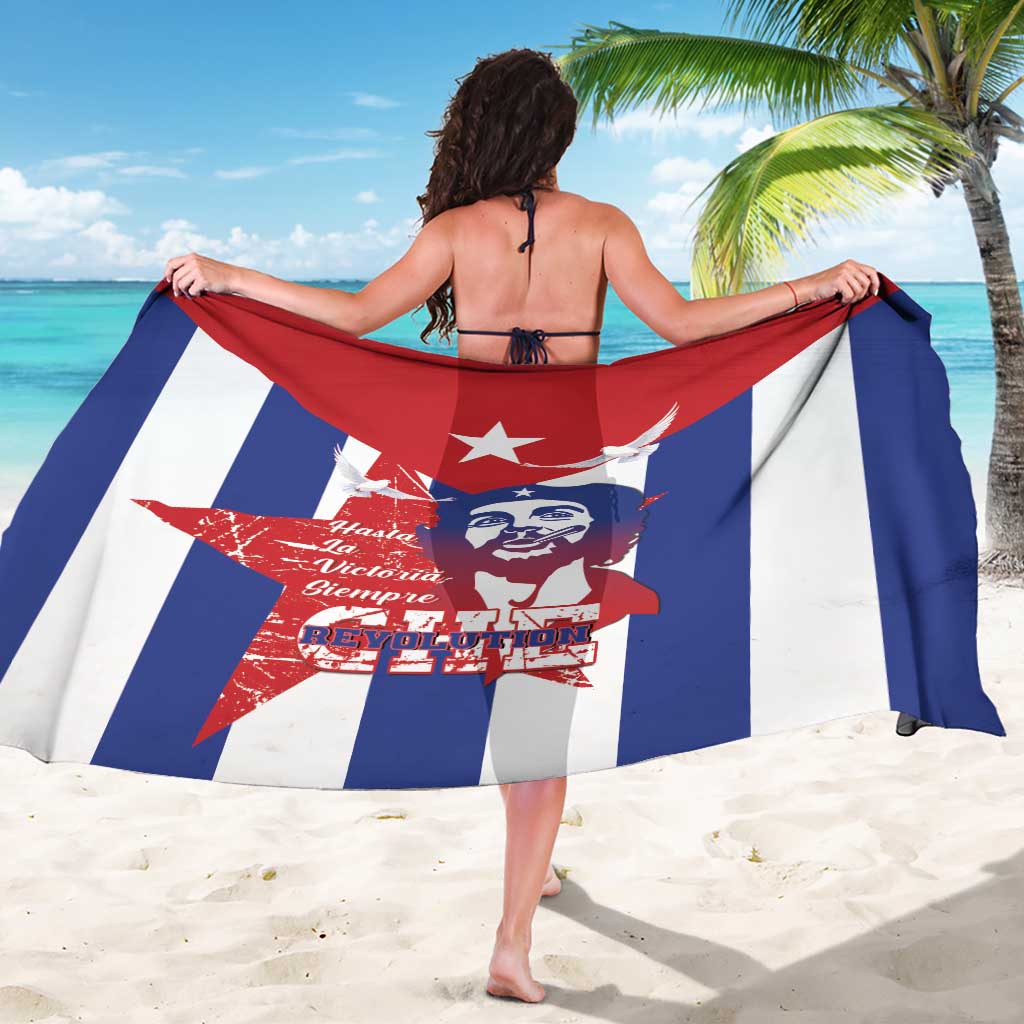 Cuba-flag print sarong draped with central Che portrait and red, white, blue stripes