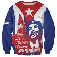 Unisex crewneck sweatshirt with blue sleeves and red-white Che graphic with stars