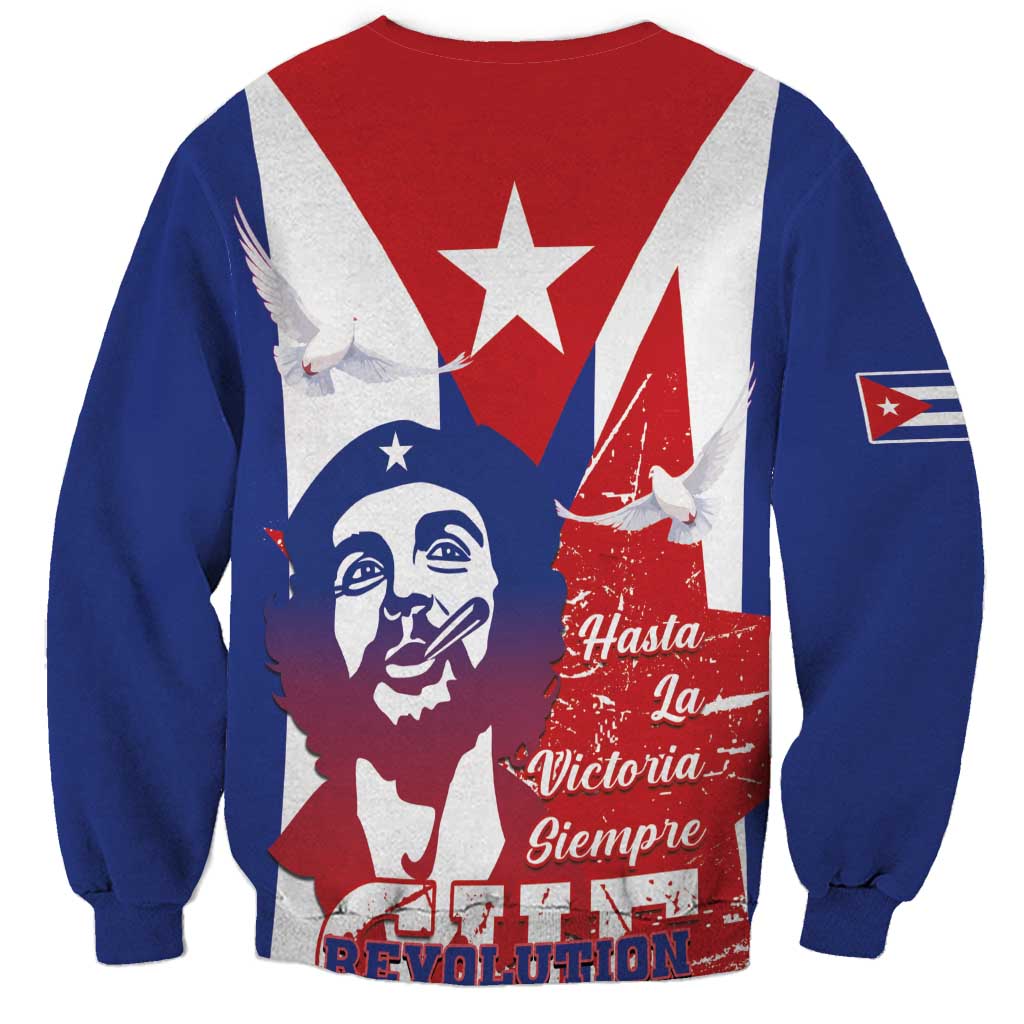 Unisex crewneck sweatshirt, back print with blue figure, red-white flag stripes, stars