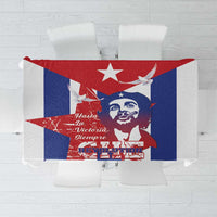Printed square tablecloth with red, white, and blue graphic centerpiece and star