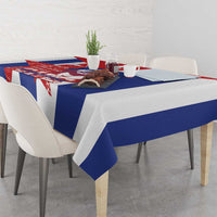 Printed dining tablecloth with bold red, white, and blue diagonal stripe pattern