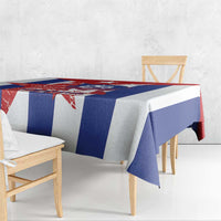 Printed tablecloth with red, white, and blue block stripes and graphic top panel