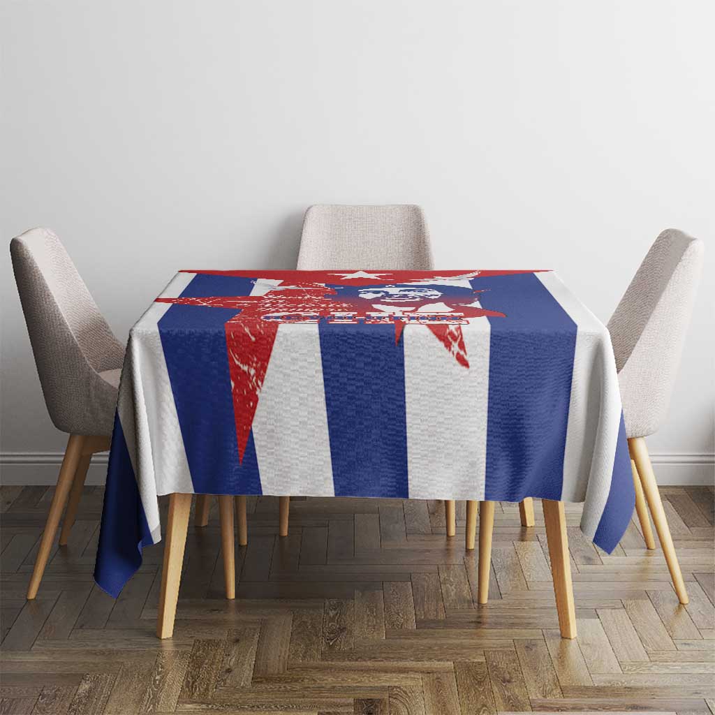 Printed tablecloth with red and blue cross-style stripes and white sections