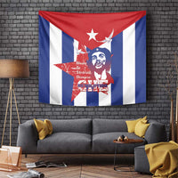 Che Guevara portrait tapestry with red star over blue-and-white Cuba stripes