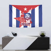 Cuba flag tapestry with red star, white dove, and Che Guevara portrait graphic