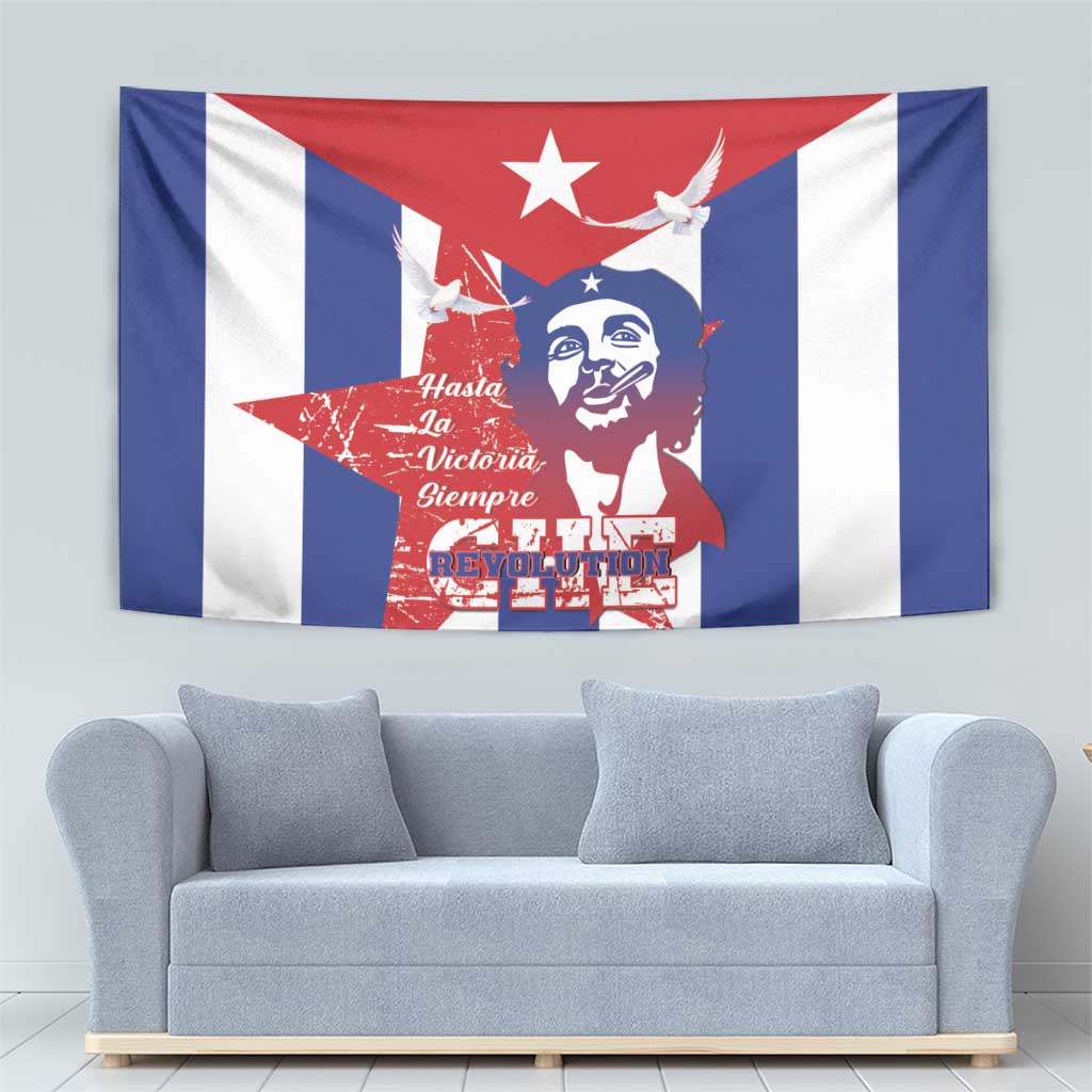 Cuba flag tapestry featuring Che Guevara face, red star, and blue-and-white stripes