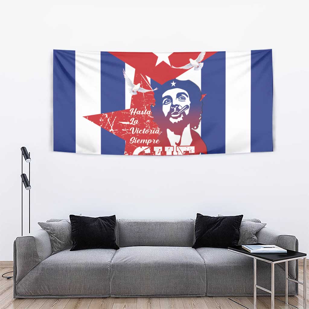 Cuba flag tapestry with Che Guevara portrait, red star, and blue-white striped background
