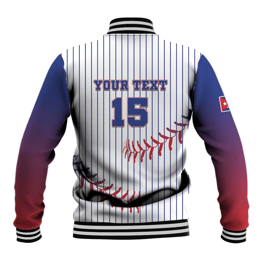 White baseball jacket, striped back with custom text 15, ribbed collar and cuffs