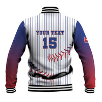 White baseball jacket, striped back with custom text 15, ribbed collar and cuffs