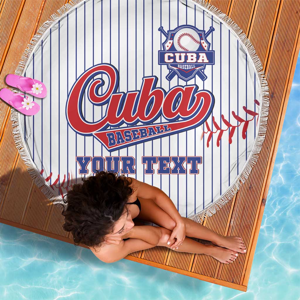 Round beach blanket with Cuba Baseball logo and 'Your Text' on white pinstripes, fringed
