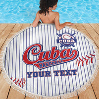Round beach blanket showing Cuba Baseball logo, 'Your Text' on white pinstripes, fringe