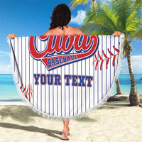 Round fringed beach blanket with 'Your Text' and Cuba Baseball logo on white pinstripes